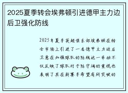 2025夏季转会埃弗顿引进德甲主力边后卫强化防线