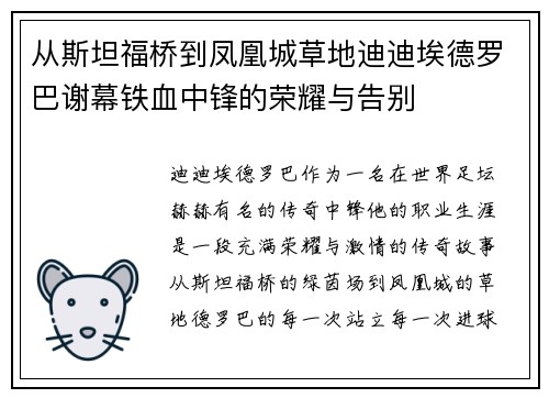 从斯坦福桥到凤凰城草地迪迪埃德罗巴谢幕铁血中锋的荣耀与告别