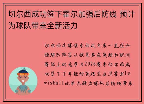 切尔西成功签下霍尔加强后防线 预计为球队带来全新活力